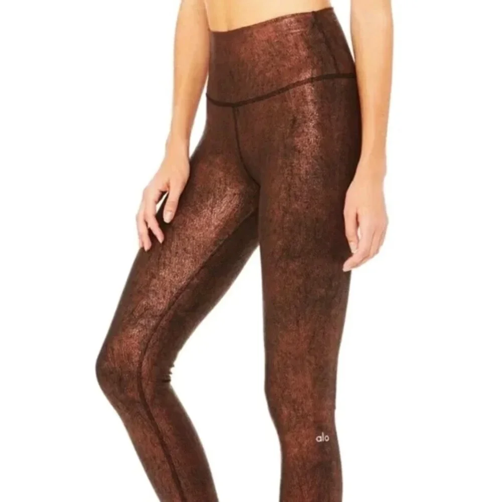 Alo High-Waist Airbrush Leggings Copper Metallic Black Hi-Rise Bronze Leather XS